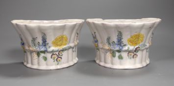 A pair of German faience flower decorated bough pots, late 18th century, 15.5cm wide