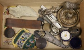 A small collection of curios including Wedgwood black basalt plaques, beadwork purse, cased