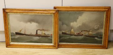 English School c.1900, pair of oils on millboard, Ship portraits of steam yachts, one indistinctly