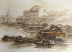 Asian School, watercolour, Harbour scene, indistinctly signed, 53 x 73cm