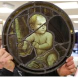 A Victorian stained glass baby Jesus roundel, 43cm