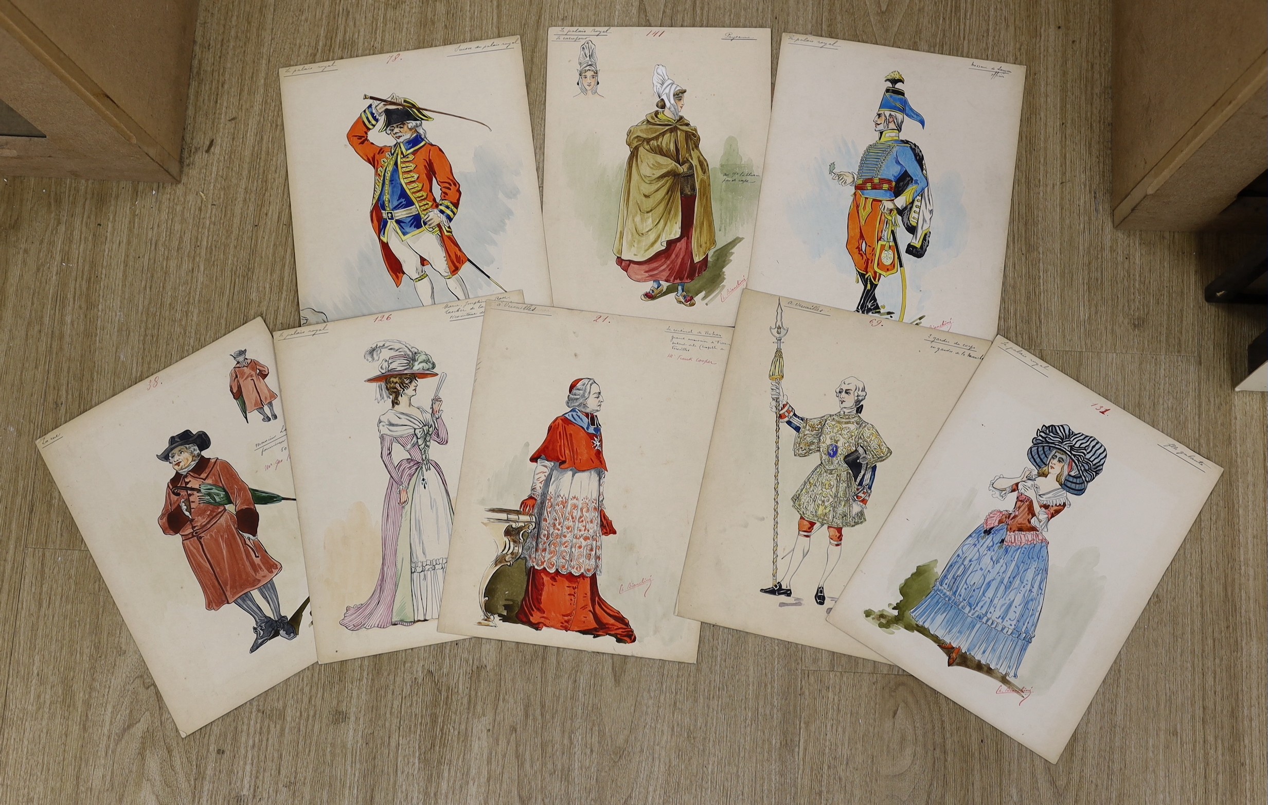 Charles Bianchini (1860-1905), eight ink and watercolour costume designs for The Royal Necklace,