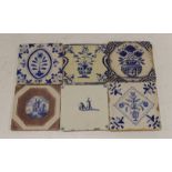 Four mid 17th century Delft blue and white ‘urn of flowers’ tiles, and an 18th century Delft ‘