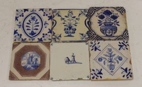 Four mid 17th century Delft blue and white ‘urn of flowers’ tiles, and an 18th century Delft ‘