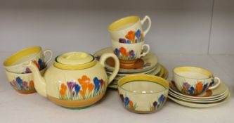 A group of Clarice Cliff crocus pattern tea wares, teapot 22 cm across