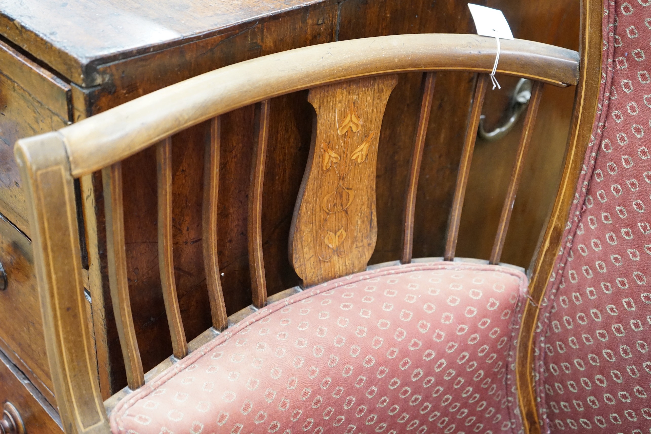 An Edwardian Art Nouveau Mackintosh style inlaid tub framed armchair, width 70cm, depth 50cm, height - Image 3 of 3