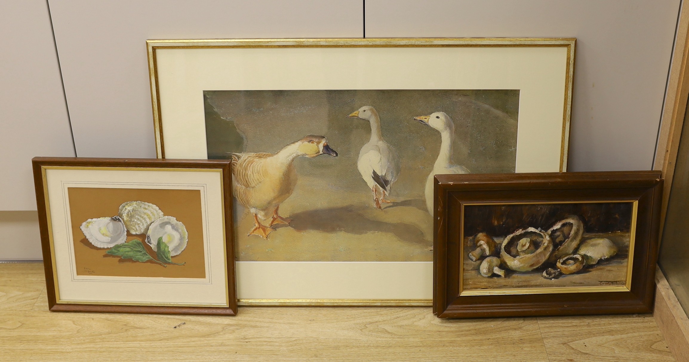 Arthur W. Gay (1901-1958), watercolour, Geese and ducks, signed, 31 x 52cm, with two small still