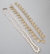 A single strand graduated cultured pearl necklace, with 925 clasp, 21cm and a gilt white metal