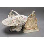 R. H. Belcher, pottery figure of a lady, 24cm and a Dresden porcelain floral encrusted basket 34cm