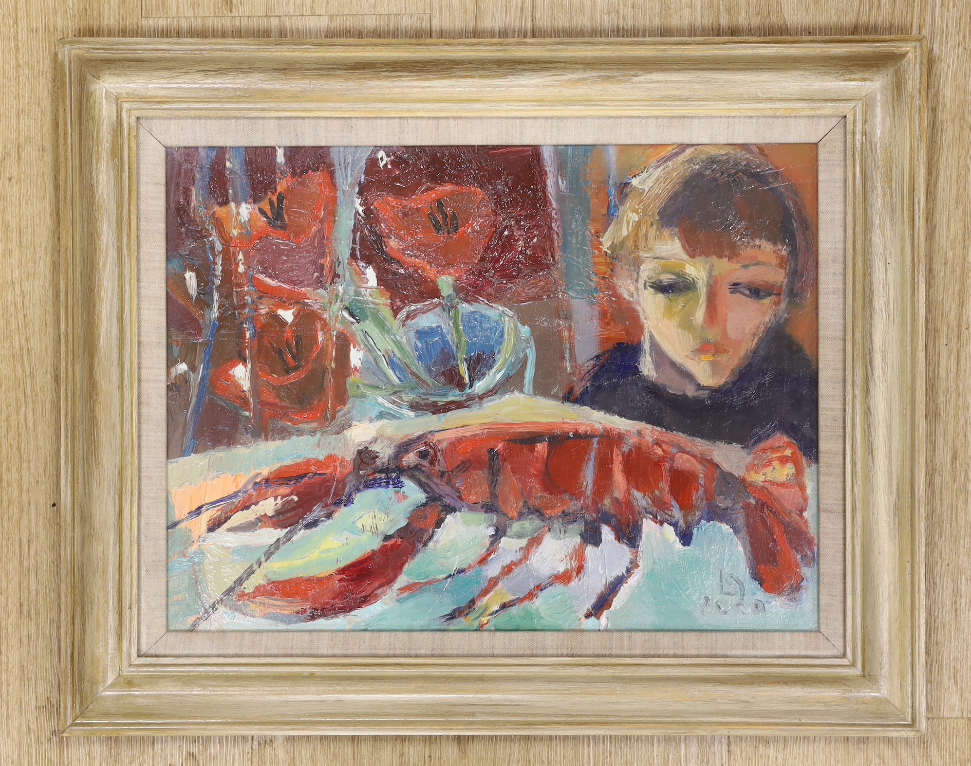 Modern British, oil on canvas, Boy and a lobster, initialled and dated 2000, 30 x 40cm - Image 2 of 3