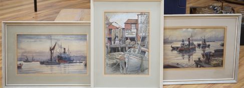 Philip Bear (b.1932), three watercolours, 'Dredging', 'Greenwich Riverside' and 'Shipping in