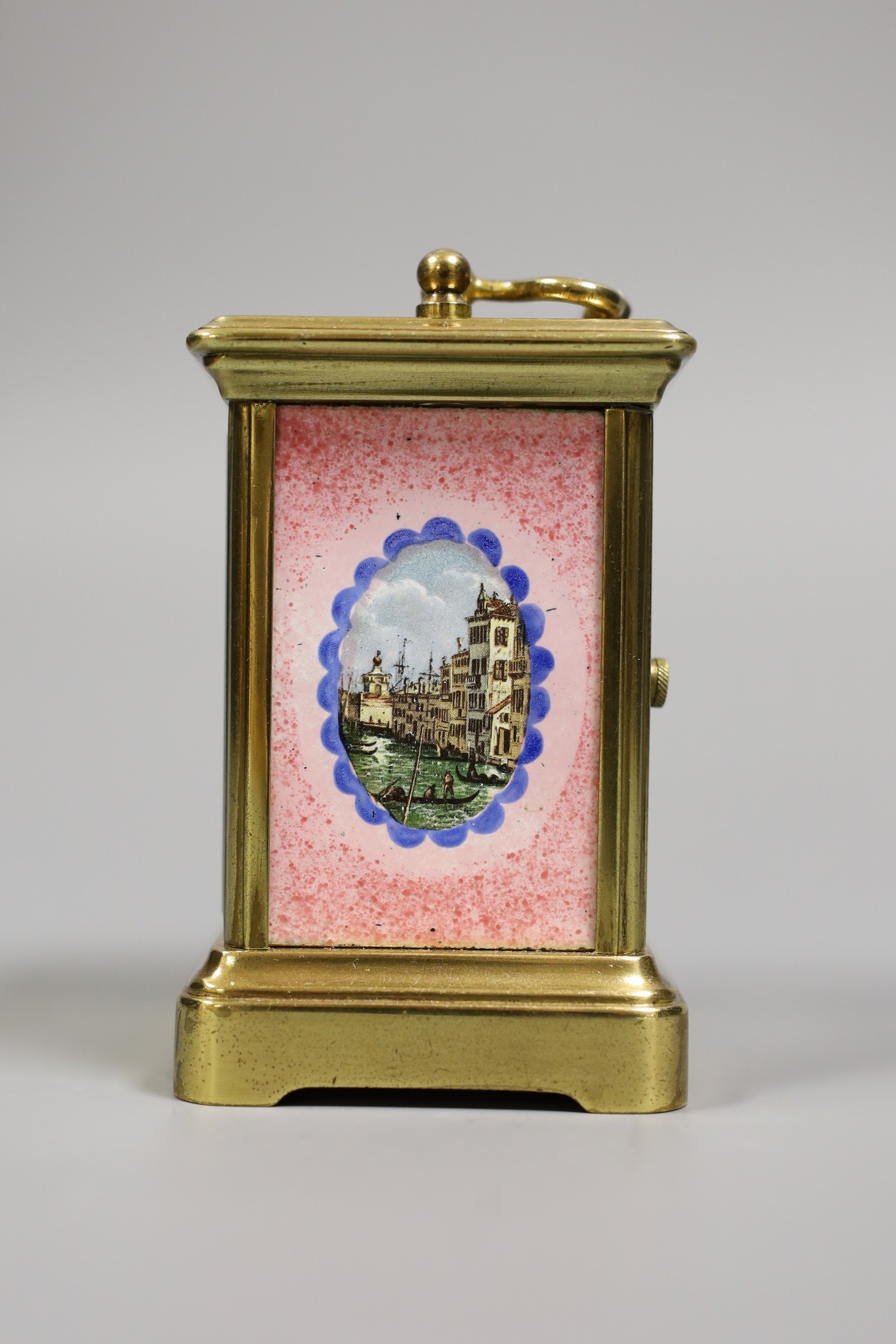 A miniature carriage timepiece, with enamelled side panels of Venice, 8 cms high, - Image 2 of 5