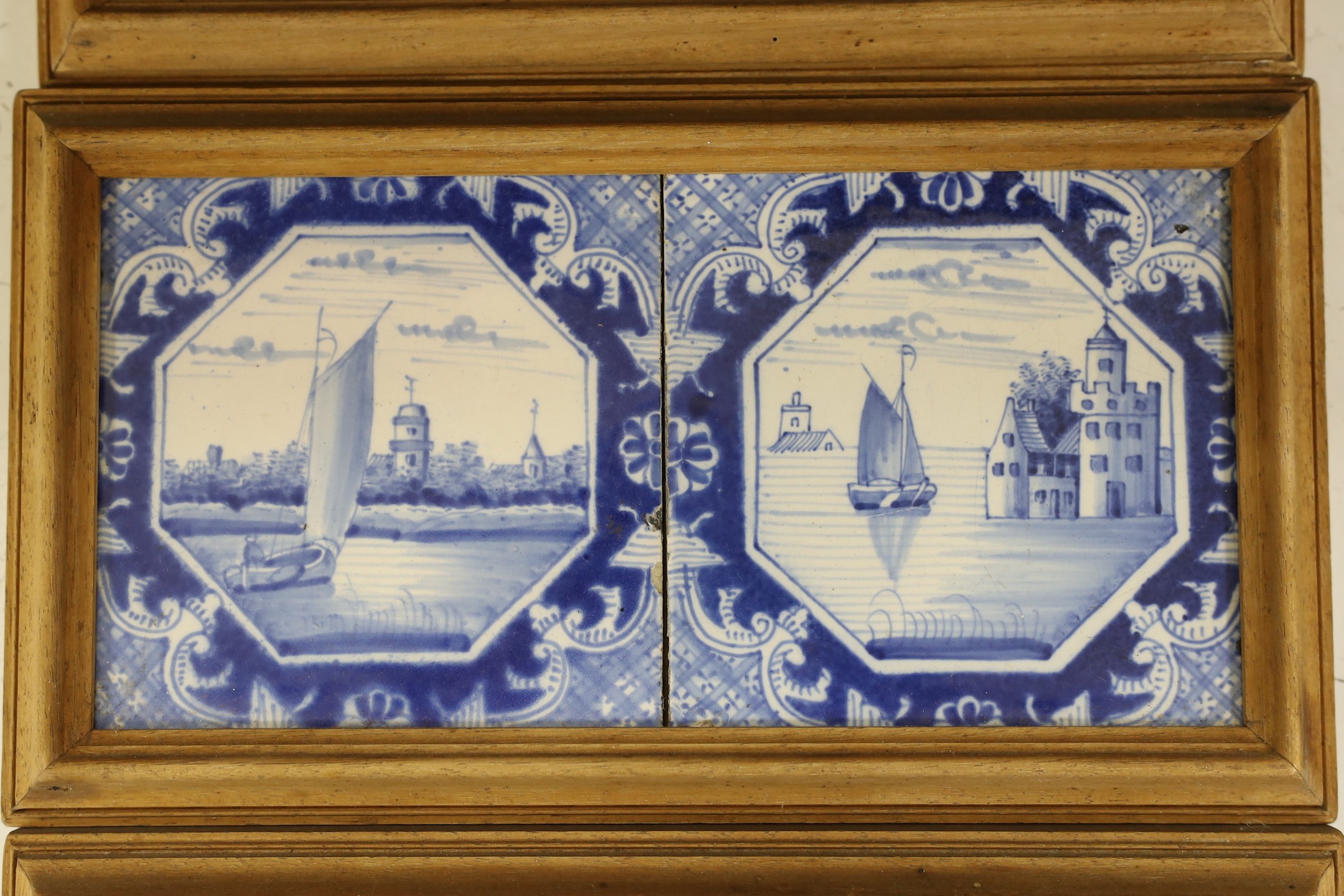 Three pairs of Delft blue and white ‘landscape’ tiles, 18th/19th century, in double frames - Image 3 of 4