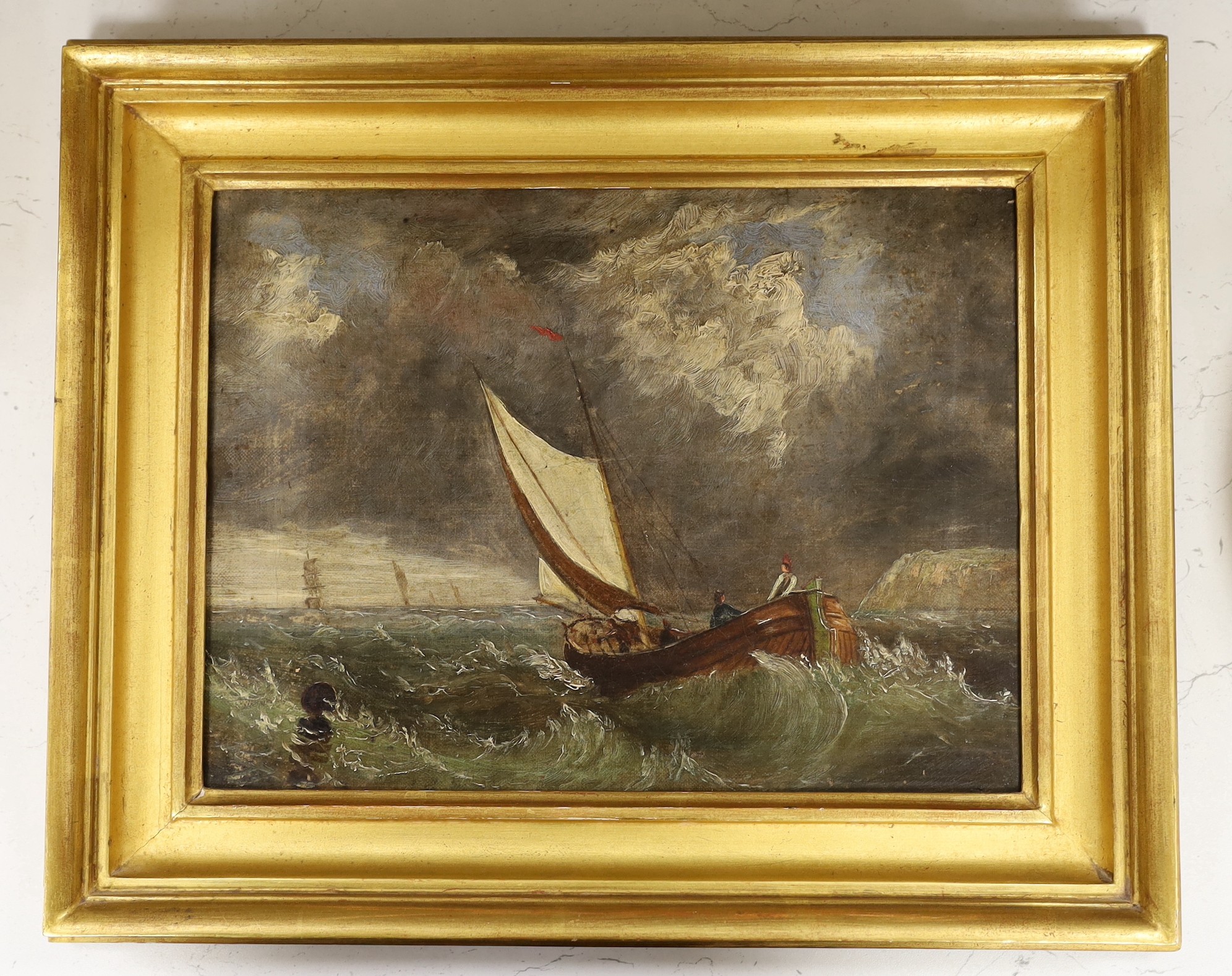 19th century English School, oil on canvas, Fishing boat leaving harbour, 22 x 29cm - Image 2 of 2