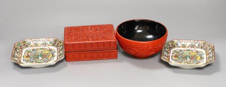 A Chinese cinnabar lacquer bowl, a similar box and cover and two Chinese famille verte thousand