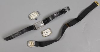 Three assorted mid 20th century white metal and diamond set manual wind cocktail watches, one