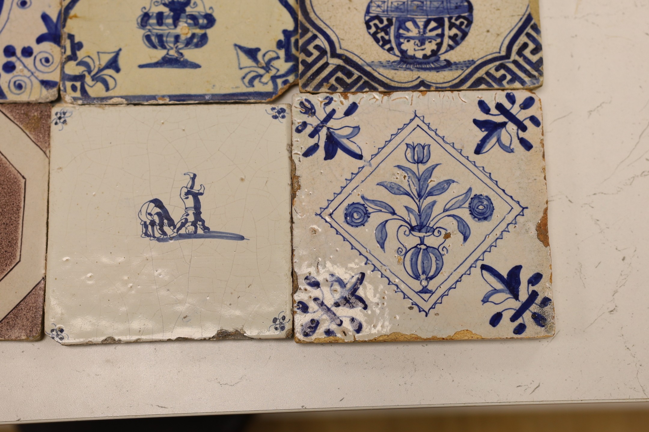 Four mid 17th century Delft blue and white ‘urn of flowers’ tiles, and an 18th century Delft ‘ - Image 3 of 6