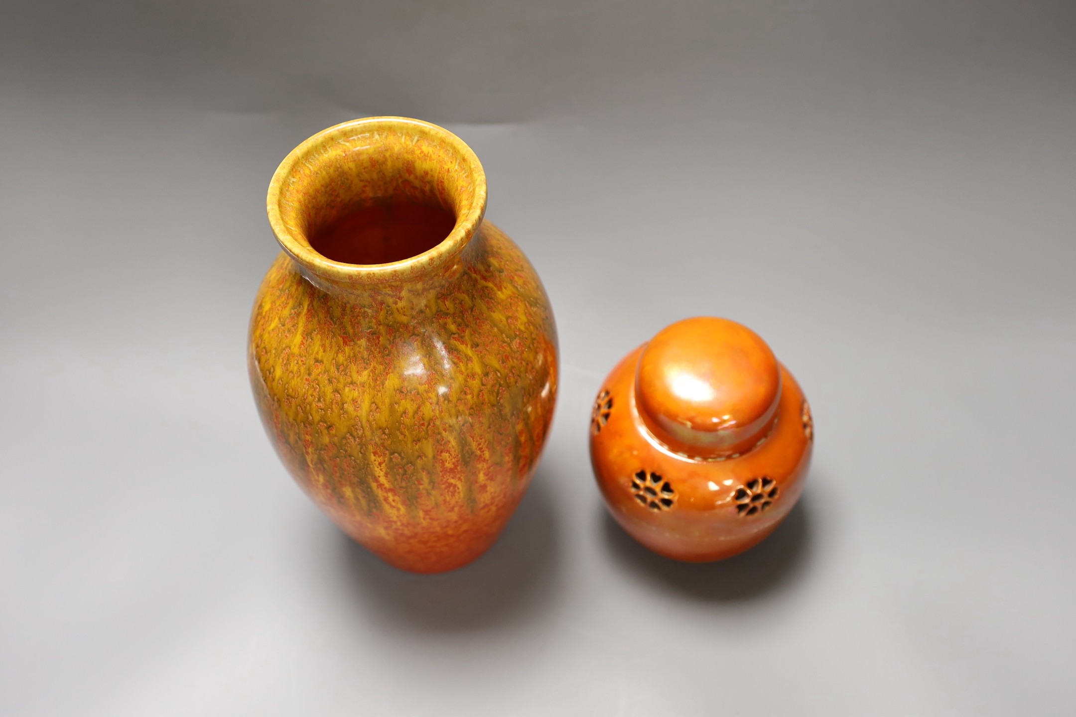 A Pilkington‘s Royal Lancastrian mottled orange ground vase and a Ruskin Orange lustre jar and - Image 3 of 4