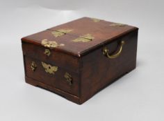 A Chinese brass mounted two handled hardwood dressing table box. L24 x W18 x H12cm