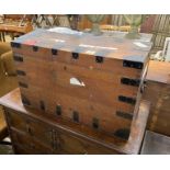 A late Victorian iron bound oak silver chest, width 72cm, height 44cm
