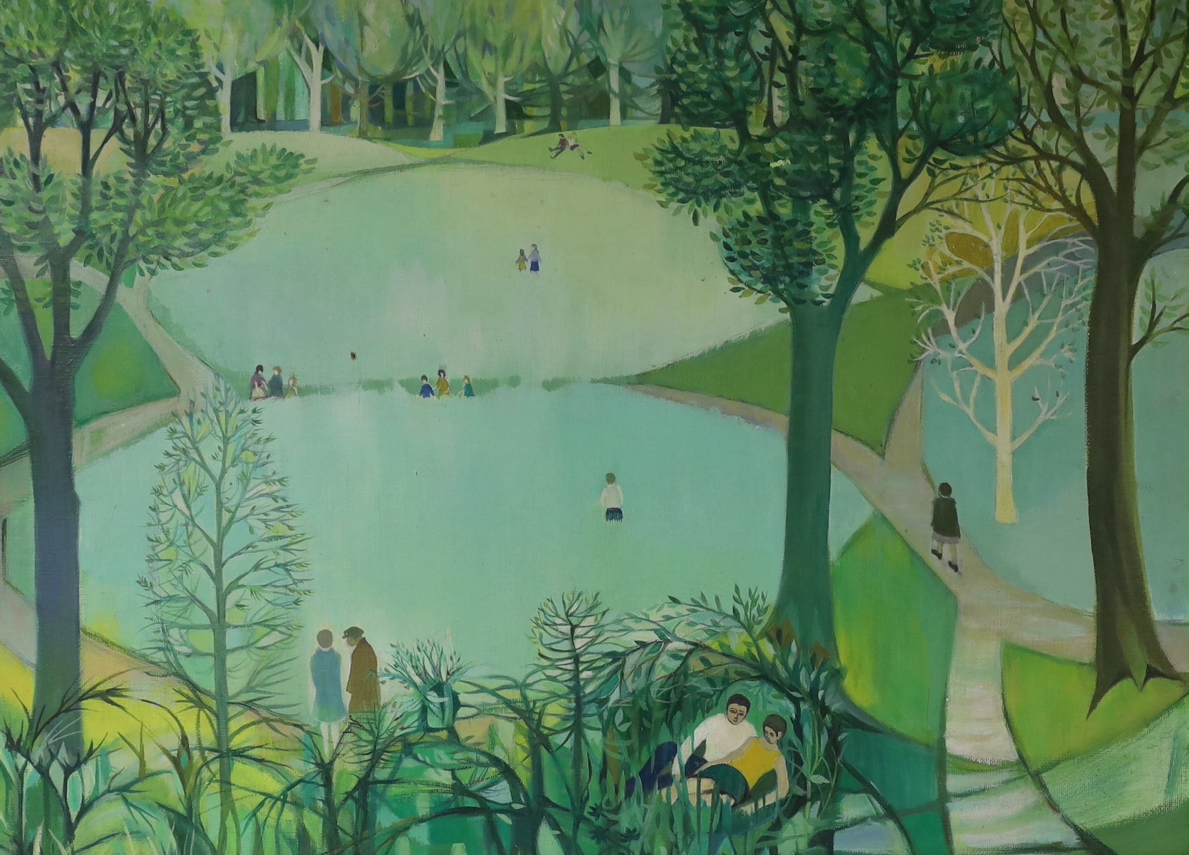 Modern British, oil on board, Figures in a park, 40 x 55cm