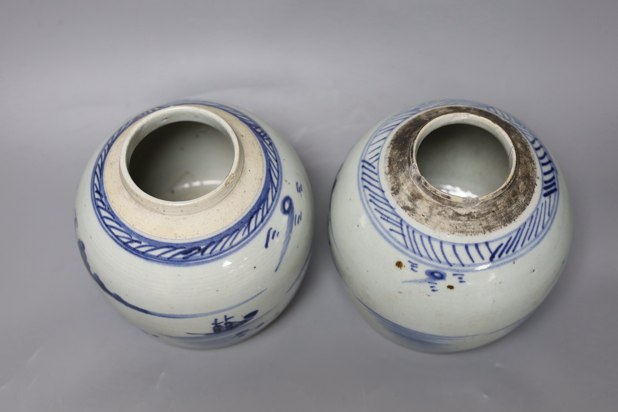Two 18th century Chinese provincial blue and white jars,tallest 17 cms high, - Image 3 of 4