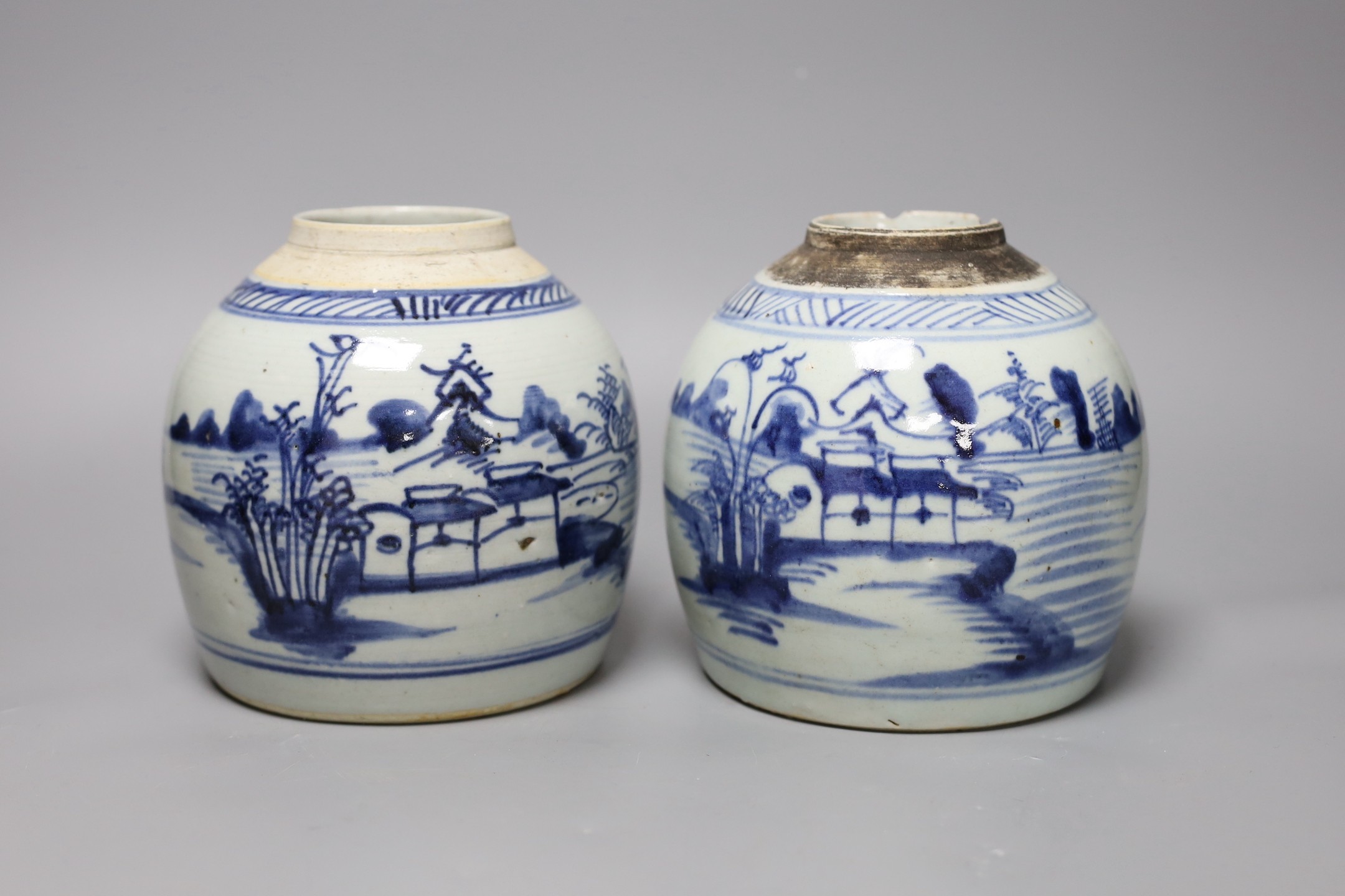 Two 18th century Chinese provincial blue and white jars,tallest 17 cms high,