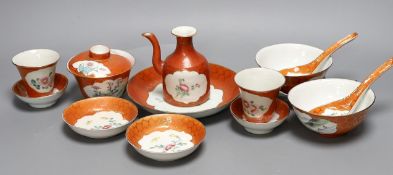 A Chinese Republic coral ground part set,vessel 10.5 cms high,