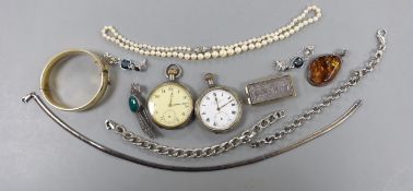 Two silver open faced pocket watches and a group of minor jewellery including bracelets, pendant,