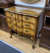A Queen Anne revival burr walnut serpentine chest of drawers, width 75cm, depth 44cm, height 80cm