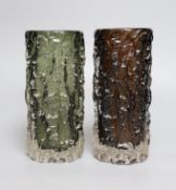 Two Whitefriars 'bark' cylinder vases, model 9689 designed by Geoffrey Baxter in 'sage' and '