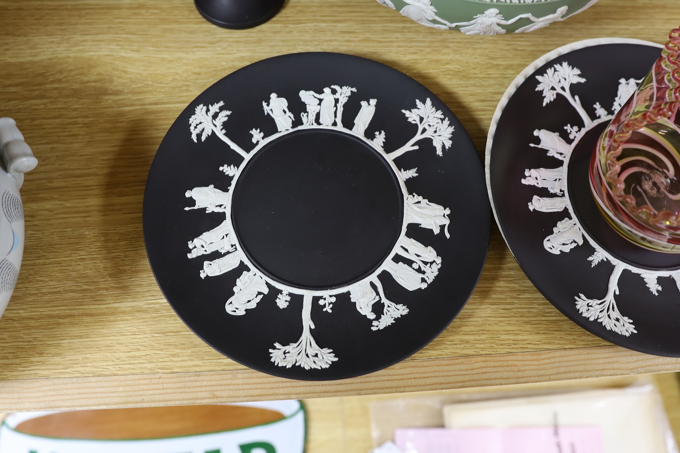 A Wedgwood black basalt pair vases, bowls, 3 plates and green bowl and glass bowl, vase 18 cms - Image 3 of 5
