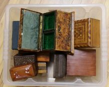 A selection of various boxes, to include a leather jewellery box, wooden inlaid card boxes and