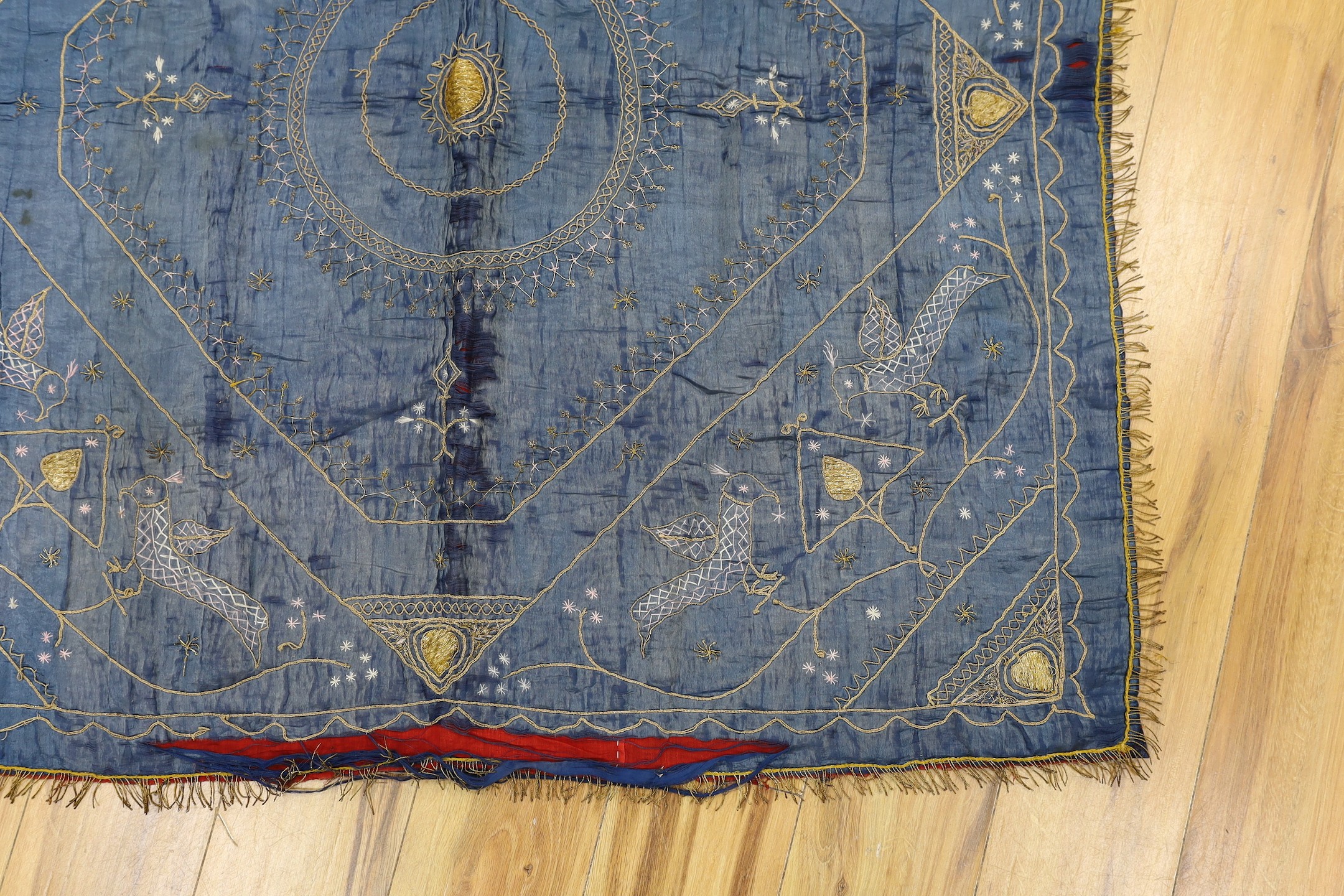 A late 19th century Indian silk and metal thread embroidered panel, approx: 118cms x118 cms, - Image 3 of 7