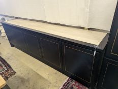 A 20th century black lacquer four door buffet with reconstituted marble top, width 281cm, depth