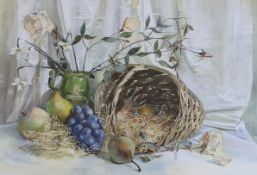Fanny J. Ogden, watercolour, Still life of fruit, a jug and roses in a basket, signed, 33 x 48cm