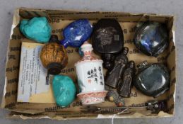 A collection of Chinese hardstone, wood or porcelain snuff bottles etc