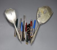 A quantity of assorted pens and sterling silver dressing table items