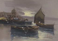Situ, oil on canvas, Moored boats off the Italian coast, signed, 46 x 66cm