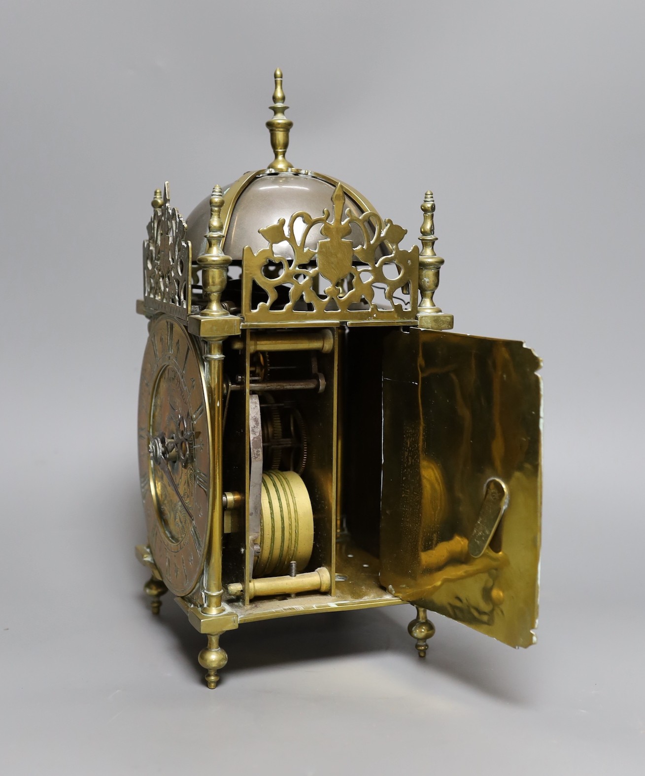 A brass lantern clock, signed Robert Drew, London, single fusee movement,34 cms high, - Image 3 of 4