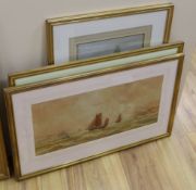 T. Mortimer, watercolour, Fishing boats at sea, 23 x 51cm and two other watercolours of fishing