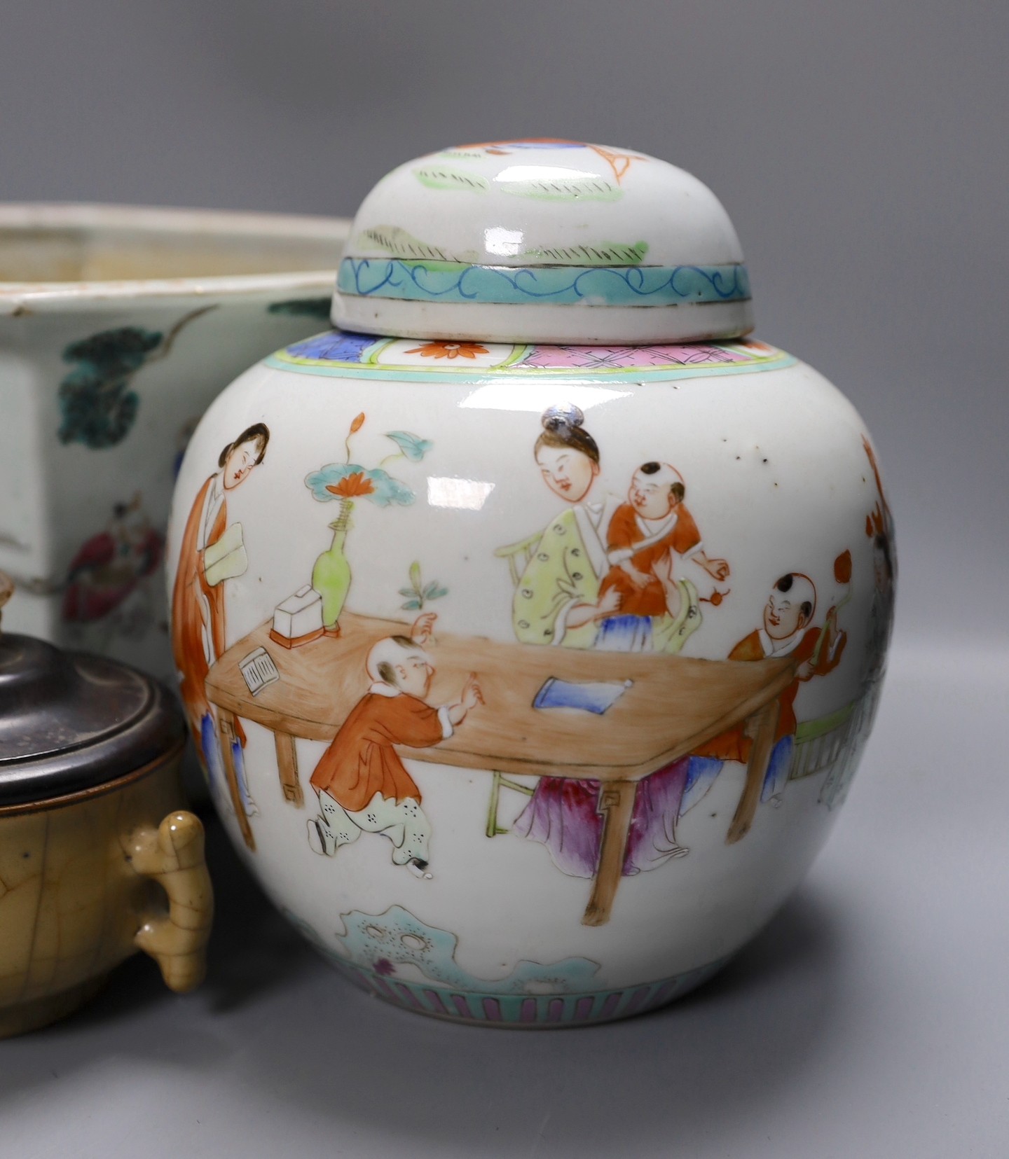 A 19th century Chinese famille rose planter, a jar and cover, two bowls and a crackle ware censer - Image 4 of 8