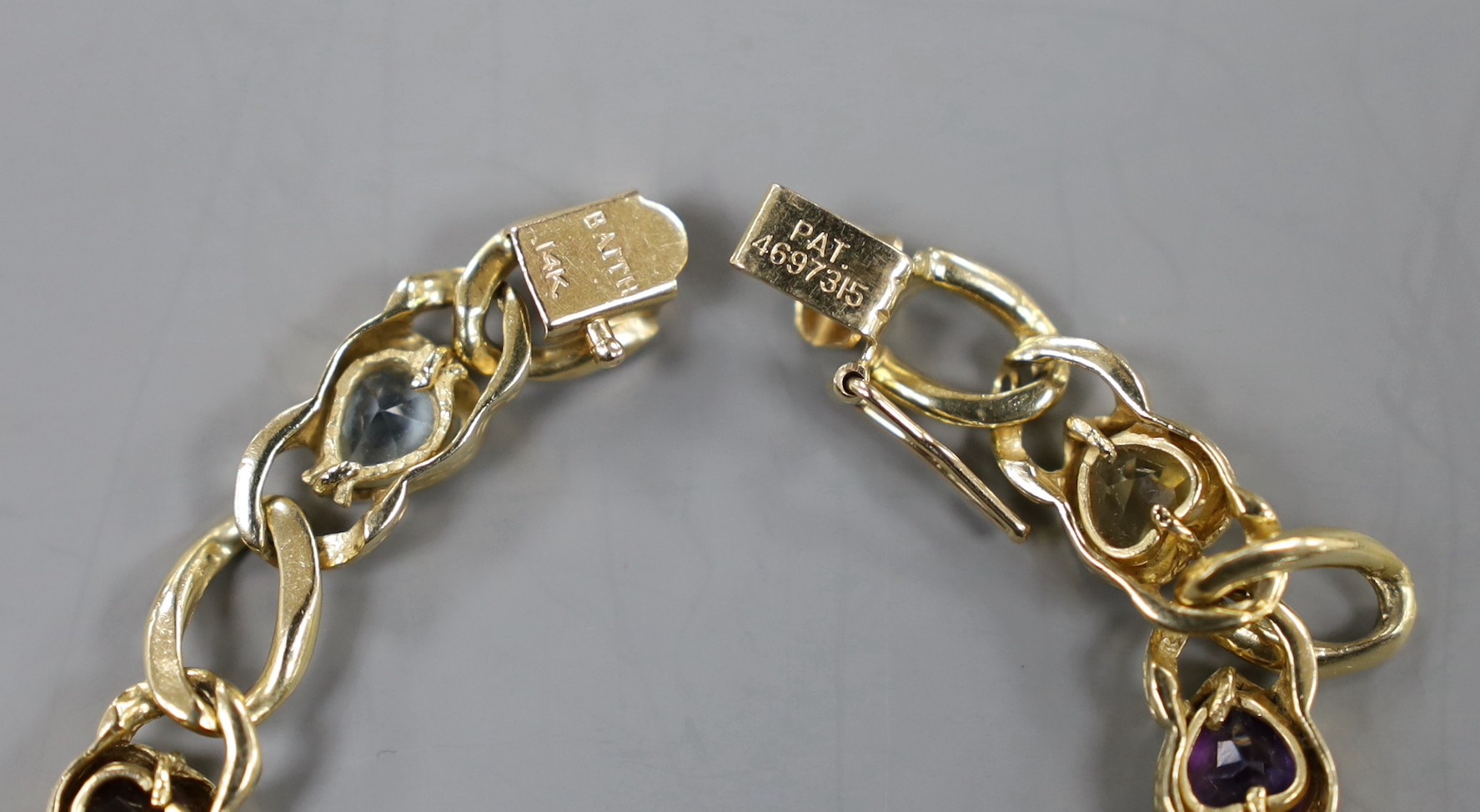 A modern Baith 14k and multi heart shaped gem set bracelet, 19cm, gross weight 15.9 grams. - Image 3 of 3