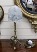 A brass Pullman lamp, glass shade