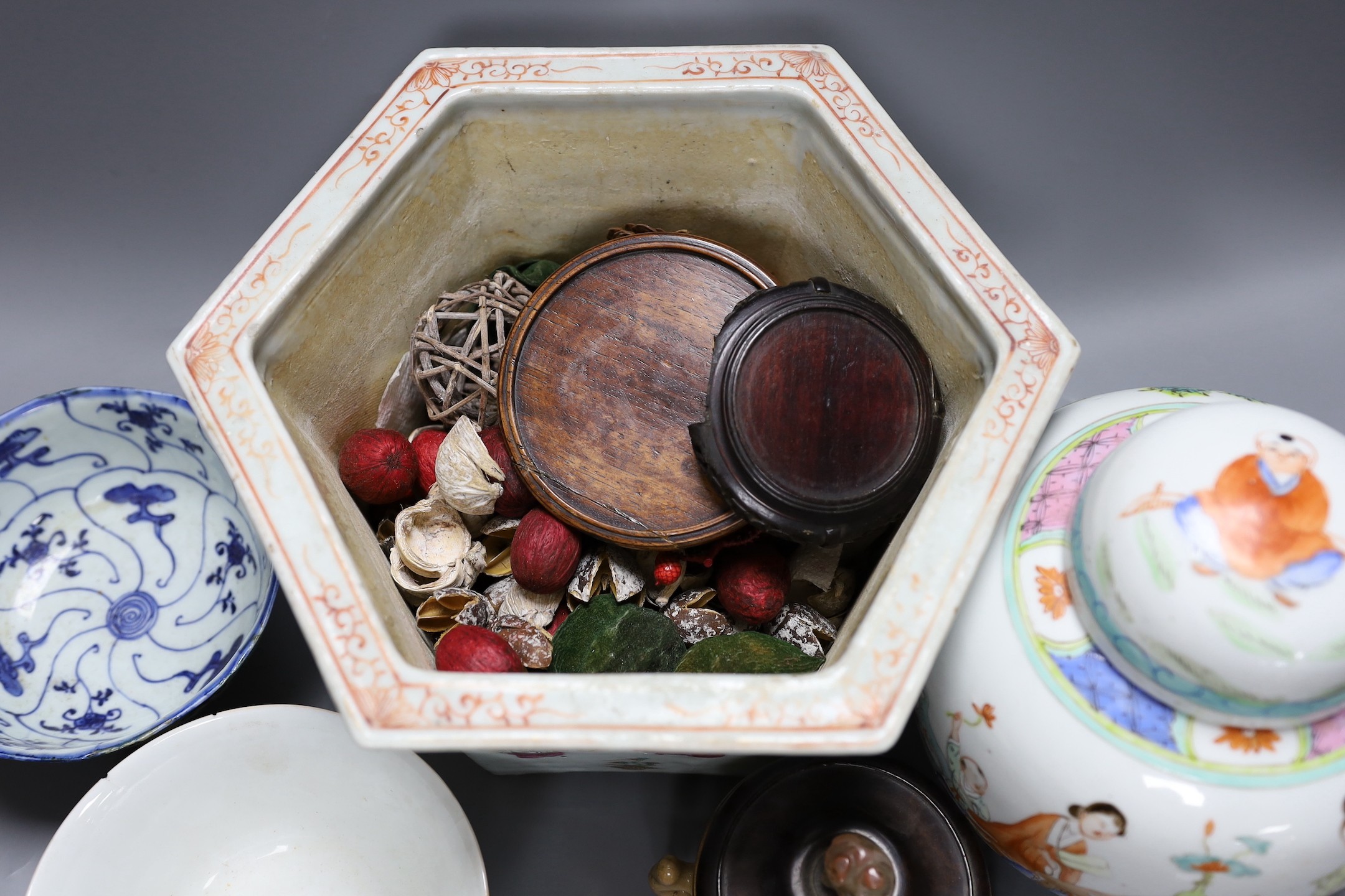 A 19th century Chinese famille rose planter, a jar and cover, two bowls and a crackle ware censer - Image 5 of 8