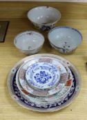 A group of 18th century and later Chinese enamelled and blue and white porcelain dishes and three