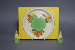 Clarice Cliff Sungleam Crocus, salt and pepper pots. trencher plate, plate 26.5 cms wide,