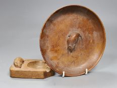 A Mouseman oak pin dish and a similar ashtray,dish 17cms diameter,