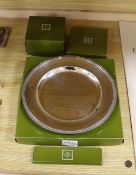 A boxed French Cristofle plated salver a boxed paper knife, dish and rose bowl, salver 35 cms