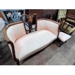 An Edwardian inlaid mahogany three piece salon suite, settee length 129cm, depth 60cm, height 89cm